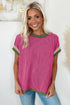 Retro Vibe Contrast Trim Corded Knit Short Sleeve Top